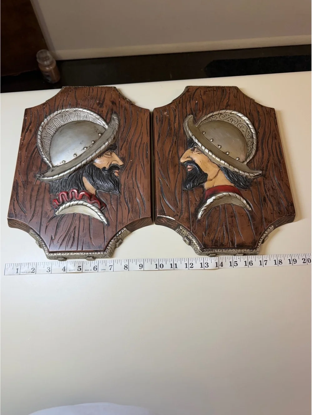 Vintage Pair of Decorative Plaques with Bearded Man in Helmet Design